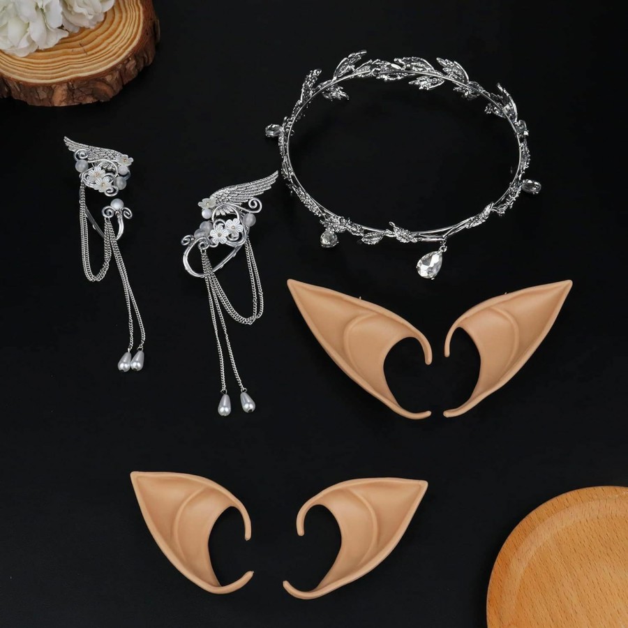 Sanfenly Sanfenly Fairy Elf Costume Accessories For Women Rhinestone Leaf Headband Crown Elf Ears Elf Earrings For Halloween Cosplay Jewelry Sets