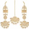 I Jewels I Jewels Valentines Day Gifts For Her 18K Gold Plated Indian Wedding Bollywood Matte Finish Kundan & Faux Pearl Bridal Chandbali Earrings With Maang Tikka Set For Women (Te2860-61) Jewelry Sets