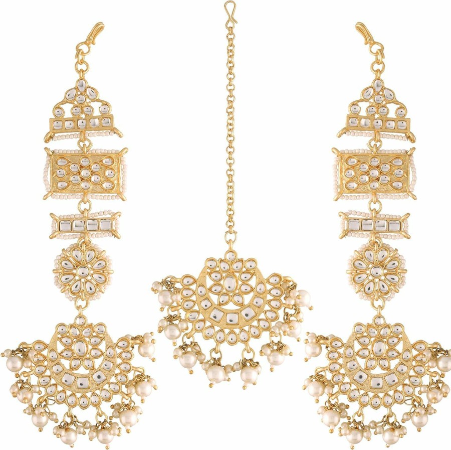 I Jewels I Jewels Valentines Day Gifts For Her 18K Gold Plated Indian Wedding Bollywood Matte Finish Kundan & Faux Pearl Bridal Chandbali Earrings With Maang Tikka Set For Women (Te2860-61) Jewelry Sets