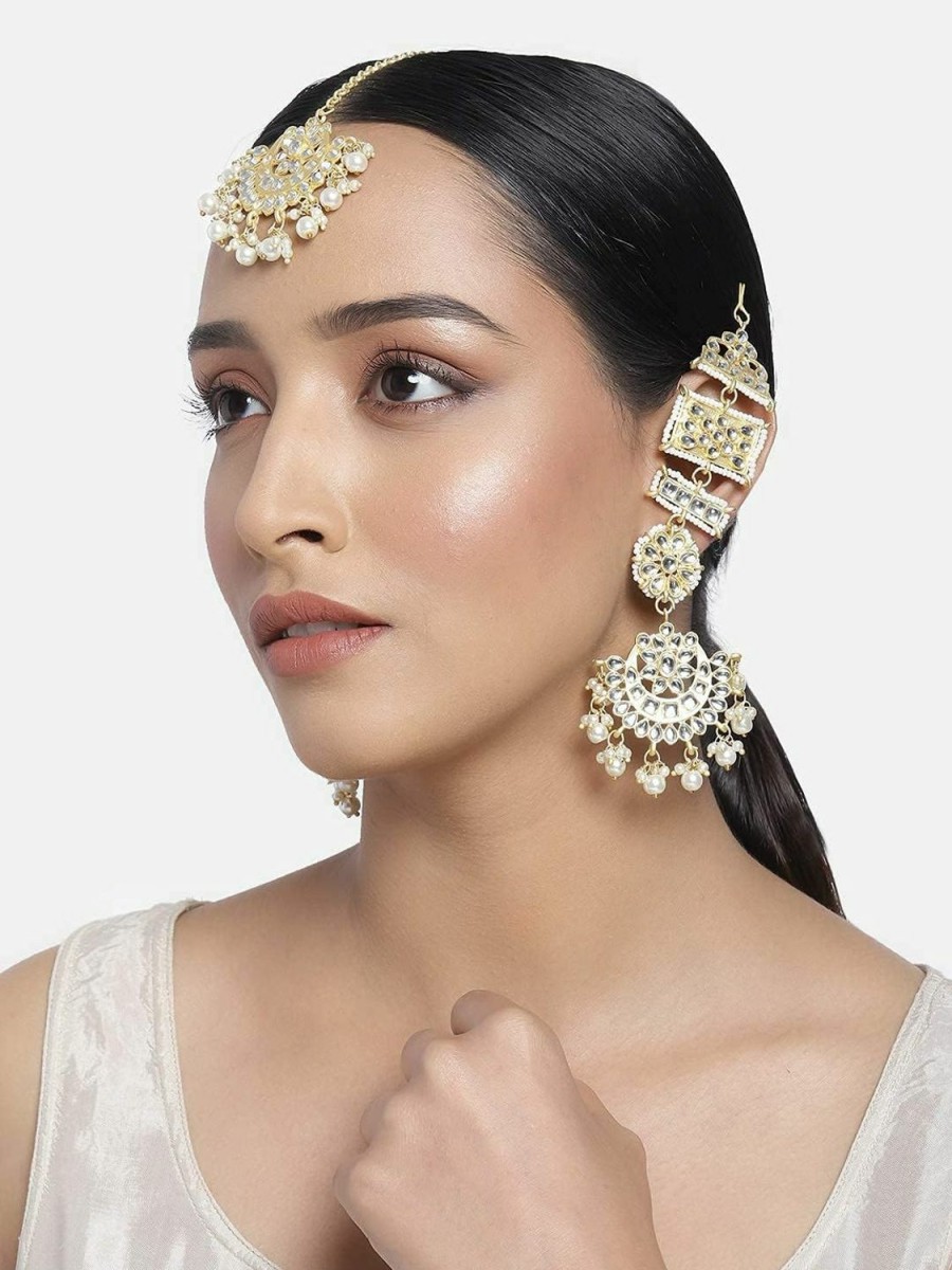 I Jewels I Jewels Valentines Day Gifts For Her 18K Gold Plated Indian Wedding Bollywood Matte Finish Kundan & Faux Pearl Bridal Chandbali Earrings With Maang Tikka Set For Women (Te2860-61) Jewelry Sets