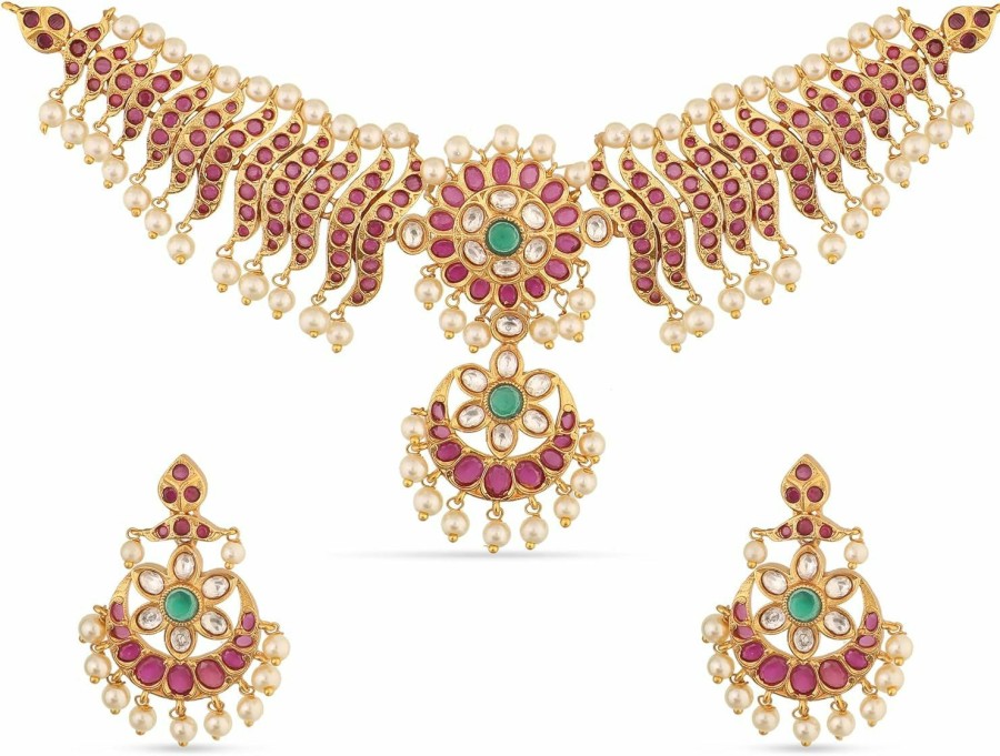 TARINIKA Tarinika Antique Gold Plated Yami Choker Set With Floral Design - Indian Jewelry Sets For Women | Perfect For Ethnic Occasions | Traditional Indian Choker Jewelry Set | 1 Year Warranty* Jewelry Sets