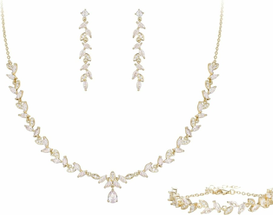 BriLove Brilove Wedding Bridal Jewelry For Women Cubic Zirconia Marquise Teardrop Leaf Cluster Y-Necklace Dangle Earrings Link Bracelet Set Jewelry Sets