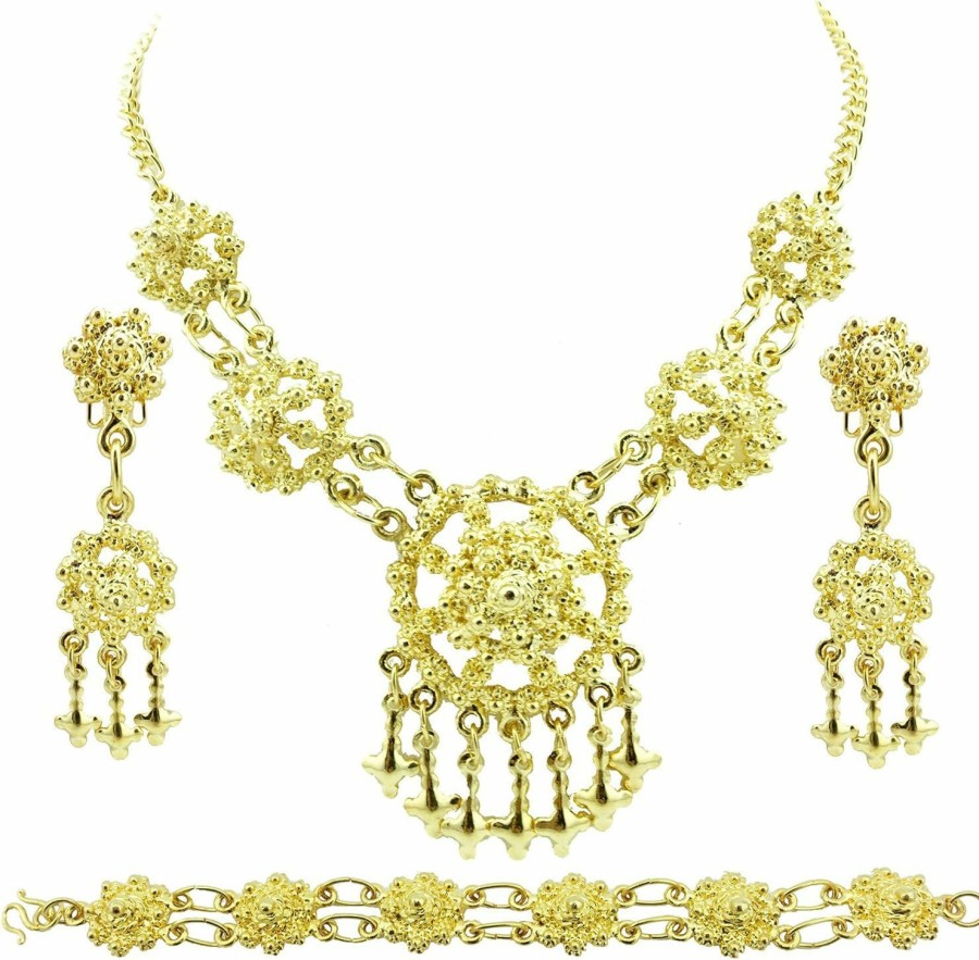 Siwalai Siwalai Thai Traditional Gold Plated Necklace Earrings Bracelet Jewelry Set 18 Inches Jewelry Sets