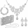 Kajaia 4 Pieces Silver Clutch Purse Rhinestone Jewelry Set For Women Glitter Evening Clutch Bag And Crystal Dangle Earrings Bridal Wedding Necklace Bracelet Prom Jewelry Set For Wedding Bridal Evening Party Jewelry Sets