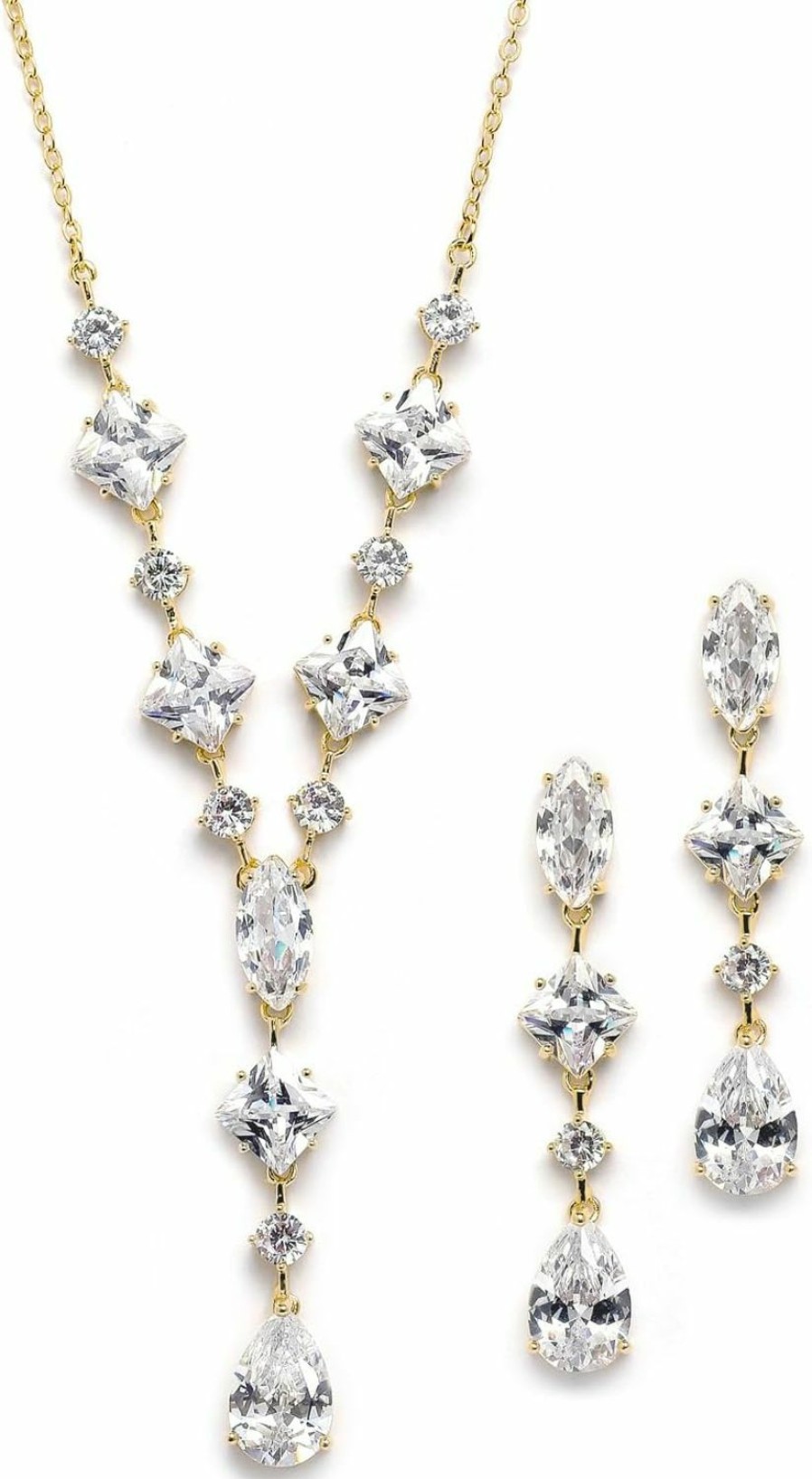 Mariell Mariell Gold Cubic Zirconia Necklace & Earrings Bridal Jewelry Set, Cz Crystal Statement Necklace Set For Weddings, Formal Events, Mother Of The Bride Jewelry Sets