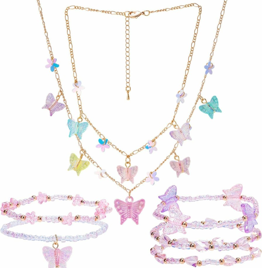 PinkSheep Pinksheep Butterfly Flower Necklace Bracelet For Girl Women Butterfly Jewelry 7Pc Choker Necklaces Bracelet Cute Necklaces Beaded Necklace Bracelets Girl Gift Jewelry Sets