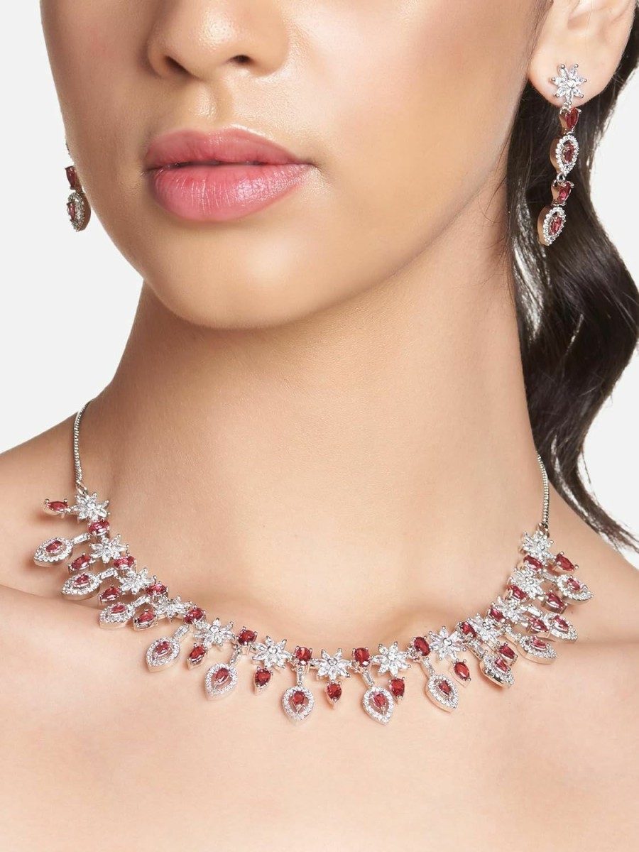 AMLY MJ JEWELLERY Amly Mj Jewellery Silver Plated Necklace With Drop Earrings, Red Ruby American Diamond Stylish Jewelry Set For Women & Girls, Perfect For Wedding & Engagement, 23003 Jewelry Sets