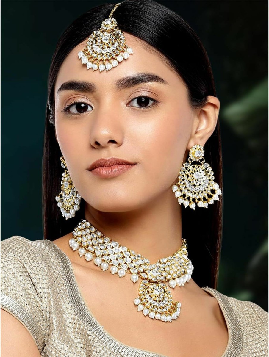 Aheli Aheli Elegant Wedding Party Wear Faux Kundan Studded Short Necklace Earrings With Maang Tikka Set Indian Ethnic Bollywood Fashion Jewelry For Women Jewelry Sets