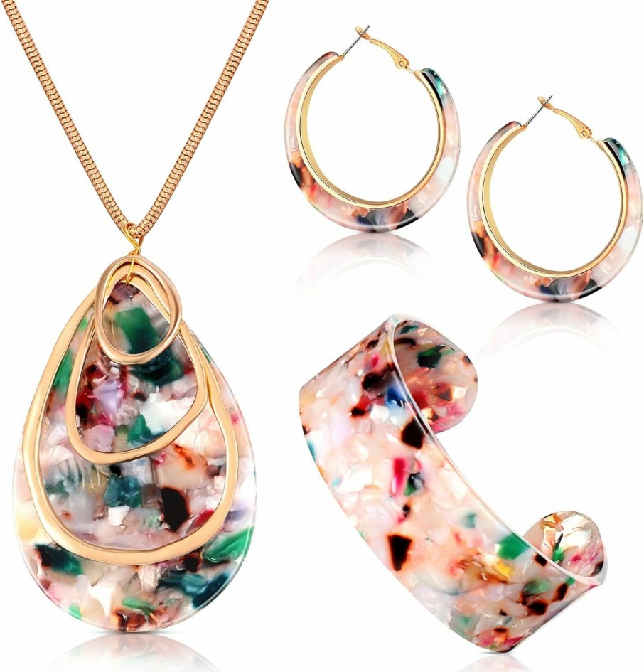 Kenning Kenning 4 Pcs Acrylic Jewelry Set For Women Statement Boho Resin Earrings Necklace Bracelet Stylish Jewelry Set For Women Girls Jewelry Sets