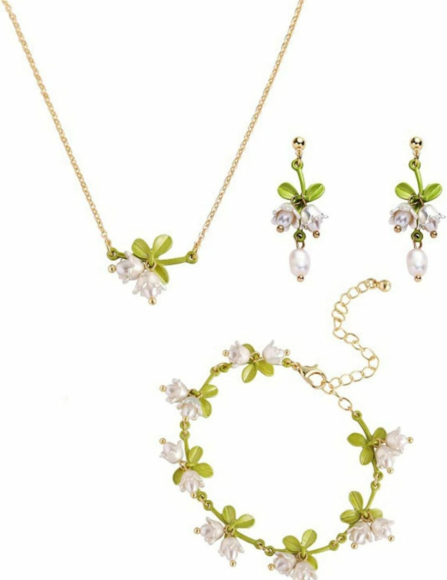 Caiyao Lily Of The Valley Rose Flower Leaf Necklace Drop Dangle Earring Bracelet Set For Women Girl Teen Mom Friend Mother Vintage Tassel Chain Necklace Bride Wedding Spring Summer Jewelry Birthday Gift Jewelry Sets