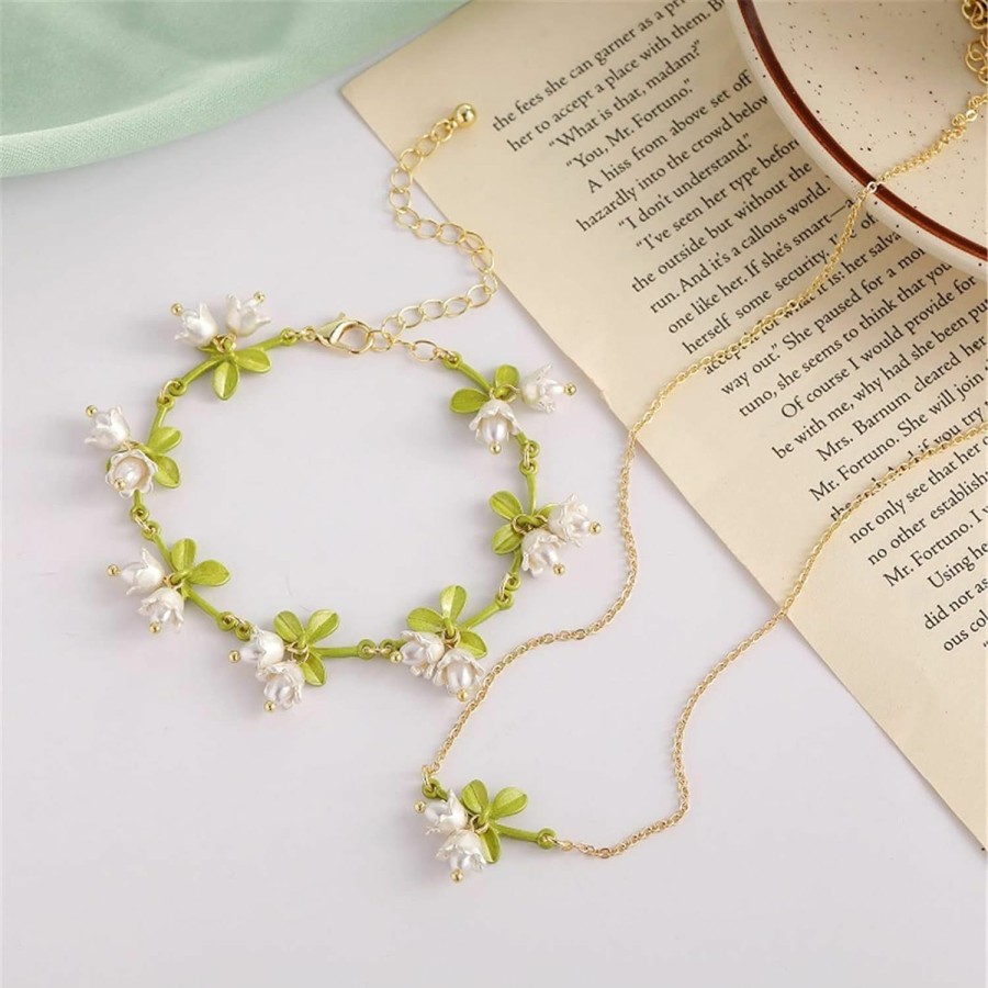 Caiyao Lily Of The Valley Rose Flower Leaf Necklace Drop Dangle Earring Bracelet Set For Women Girl Teen Mom Friend Mother Vintage Tassel Chain Necklace Bride Wedding Spring Summer Jewelry Birthday Gift Jewelry Sets