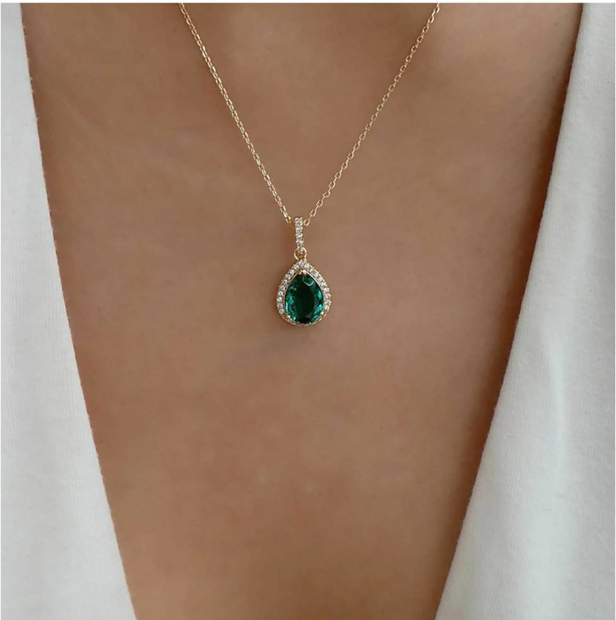 Sttiafay Sttiafay Vintage Teardrop Emerald Necklace Emerald Crystal Pendant Earrings Green Gem Necklace Gold Cz Emerald Waterdrop Necklace Jewelry For Women And Girls Jewelry Sets