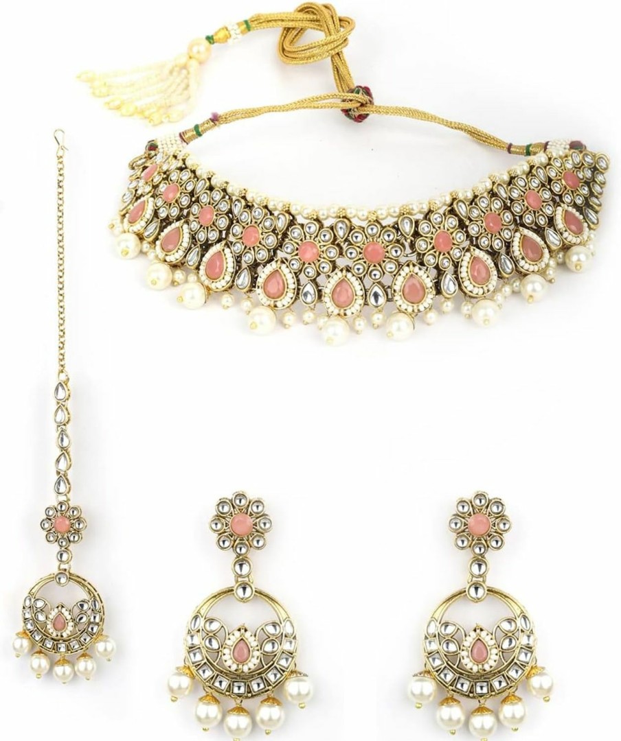 Priyaasi Priyaasi Pink Kundan Pearl Indian Jewelry Set For Women | Necklace Set With Jhumka Earring & Maang Tikka | Gold-Plated | Floral-Leaf Design | Indian Bridal Jewelry Set For Wedding Jewelry Sets