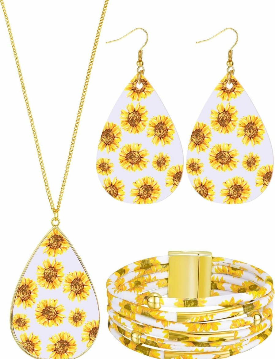 Hicarer Hicarer 3 Pieces Sunflower Print Jewelry Set Sunflower Multi-Layer Bracelets Faux Leather Dangle Earrings Necklace For Women Jewelry Sets