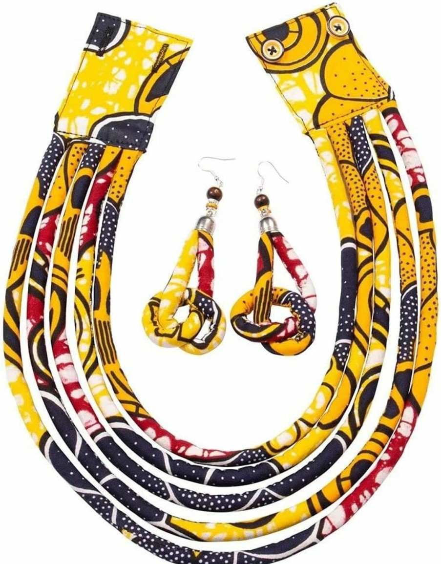 BintaRealWax Bintarealwax African Necklace Earrings Set Ankara Fabric Print Multilayer Woven Rope Choker Layered Strand Collar Jewelry Sets