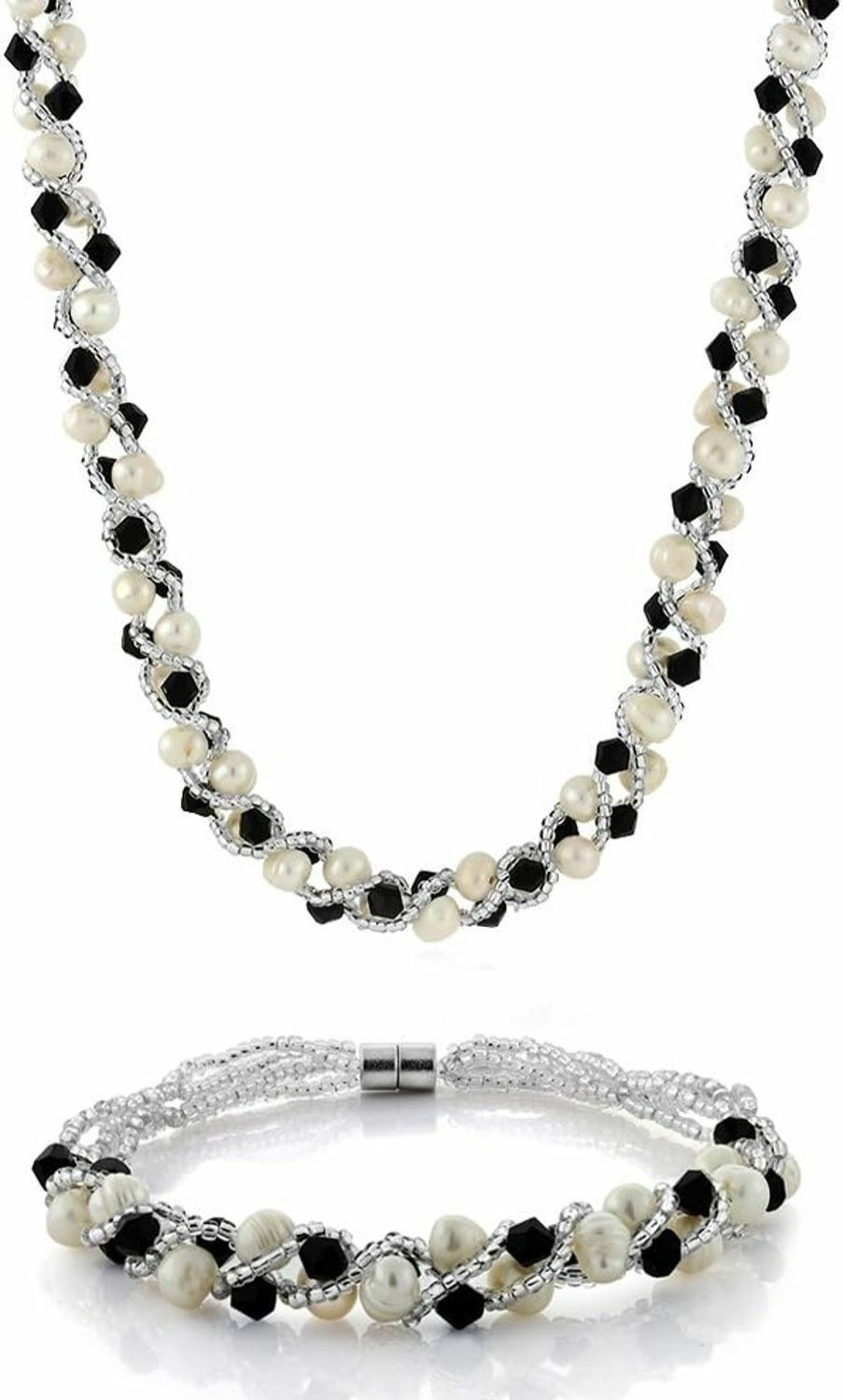 Gem Stone King Gem Stone King White Cultured Freshwater Pearl And Black Crystal Necklace Bracelet Wedding Jewelry Set For Women | Necklace 17 Inch | Bracelet 7 Inch Jewelry Sets