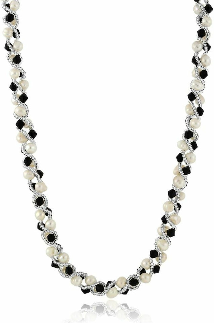 Gem Stone King Gem Stone King White Cultured Freshwater Pearl And Black Crystal Necklace Bracelet Wedding Jewelry Set For Women | Necklace 17 Inch | Bracelet 7 Inch Jewelry Sets