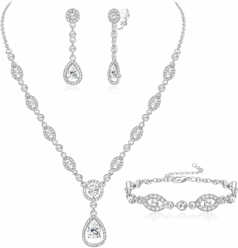 FIBO STEEL Fibo Steel Clip On Rhinestone Jewelry Set For Women Party Prom Bridal Bridesmaid Jewelry For Wedding Teardrop Pendant Earrings Necklace Bracelets Set Jewelry Sets