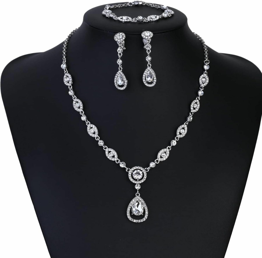 FIBO STEEL Fibo Steel Clip On Rhinestone Jewelry Set For Women Party Prom Bridal Bridesmaid Jewelry For Wedding Teardrop Pendant Earrings Necklace Bracelets Set Jewelry Sets