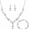 Crysdue Crysdue Wedding Jewelry Set For Brides Bridesmaid, Stunnig Cubic Zirconia Teardrop Leaf Cluster Pendant Necklace Bridal Tennis Bracelet Drop Earrings Set For Women Party Prom Jewelry Sets