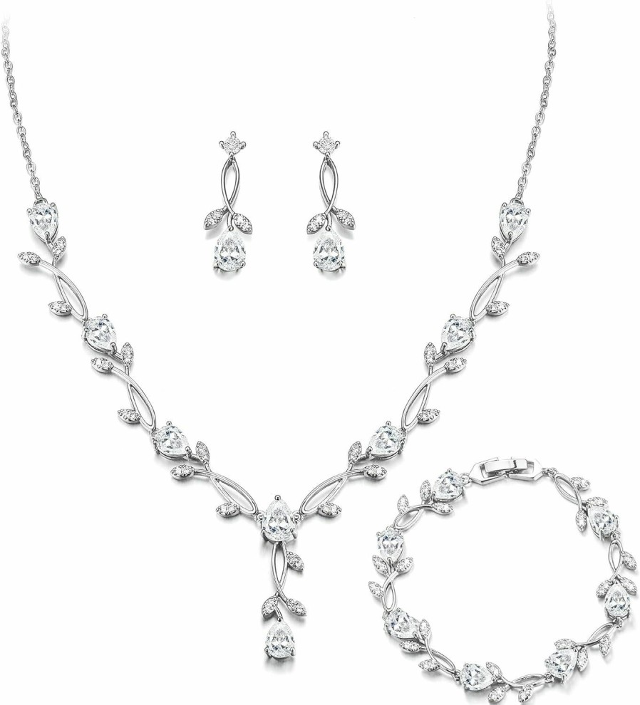 Crysdue Crysdue Wedding Jewelry Set For Brides Bridesmaid, Stunnig Cubic Zirconia Teardrop Leaf Cluster Pendant Necklace Bridal Tennis Bracelet Drop Earrings Set For Women Party Prom Jewelry Sets