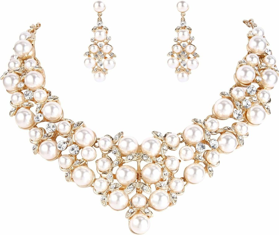 BriLove Brilove Women'S Wedding Bridal Crystal Cream Simulated Pearl Cluster Statement Necklace Dangle Earrings Set Jewelry Sets