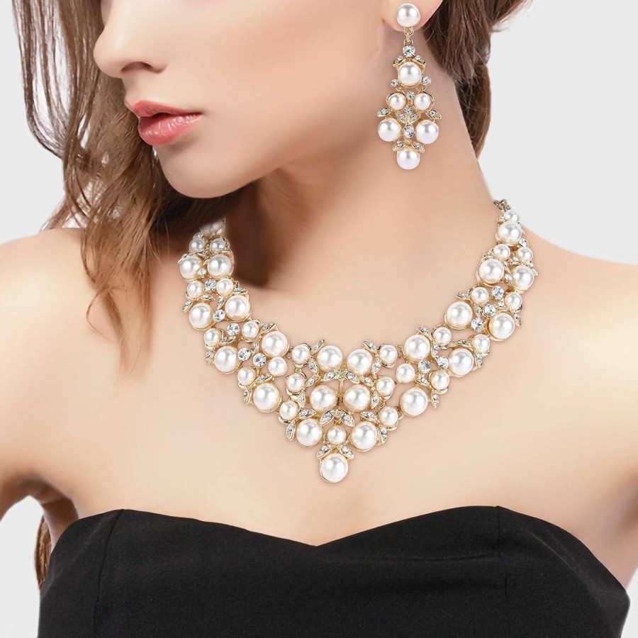 BriLove Brilove Women'S Wedding Bridal Crystal Cream Simulated Pearl Cluster Statement Necklace Dangle Earrings Set Jewelry Sets