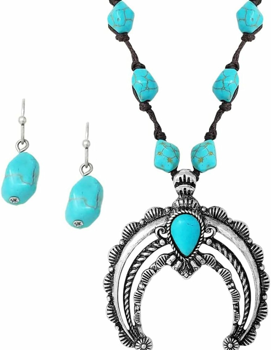 Rosemarie & Jubalee Rosemarie & Jubalee Women'S Western Style Statement Squash Blossom Pendant With Turquoise Stone And Vegan Suede Necklace Earrings Set, 18\"+3\" Extender Jewelry Sets