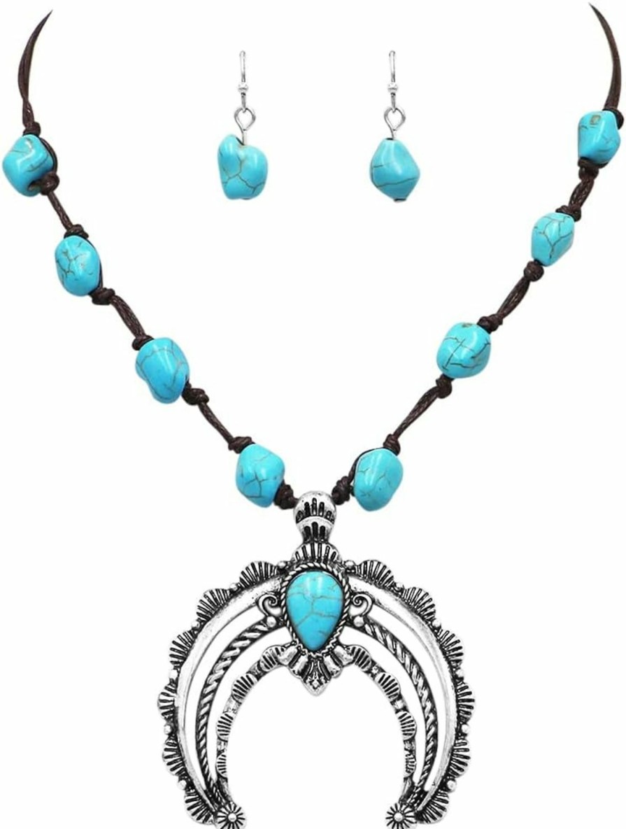 Rosemarie & Jubalee Rosemarie & Jubalee Women'S Western Style Statement Squash Blossom Pendant With Turquoise Stone And Vegan Suede Necklace Earrings Set, 18\"+3\" Extender Jewelry Sets