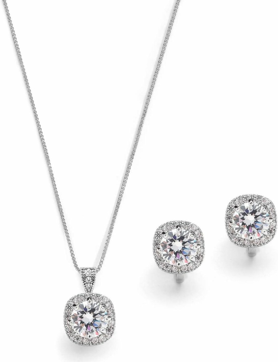 Mariell Mariell Cubic Zirconia Crystal Necklace & Clip On Earrings Jewelry Set, 10Mm Solitaire With Stud Earrings Jewelry Sets