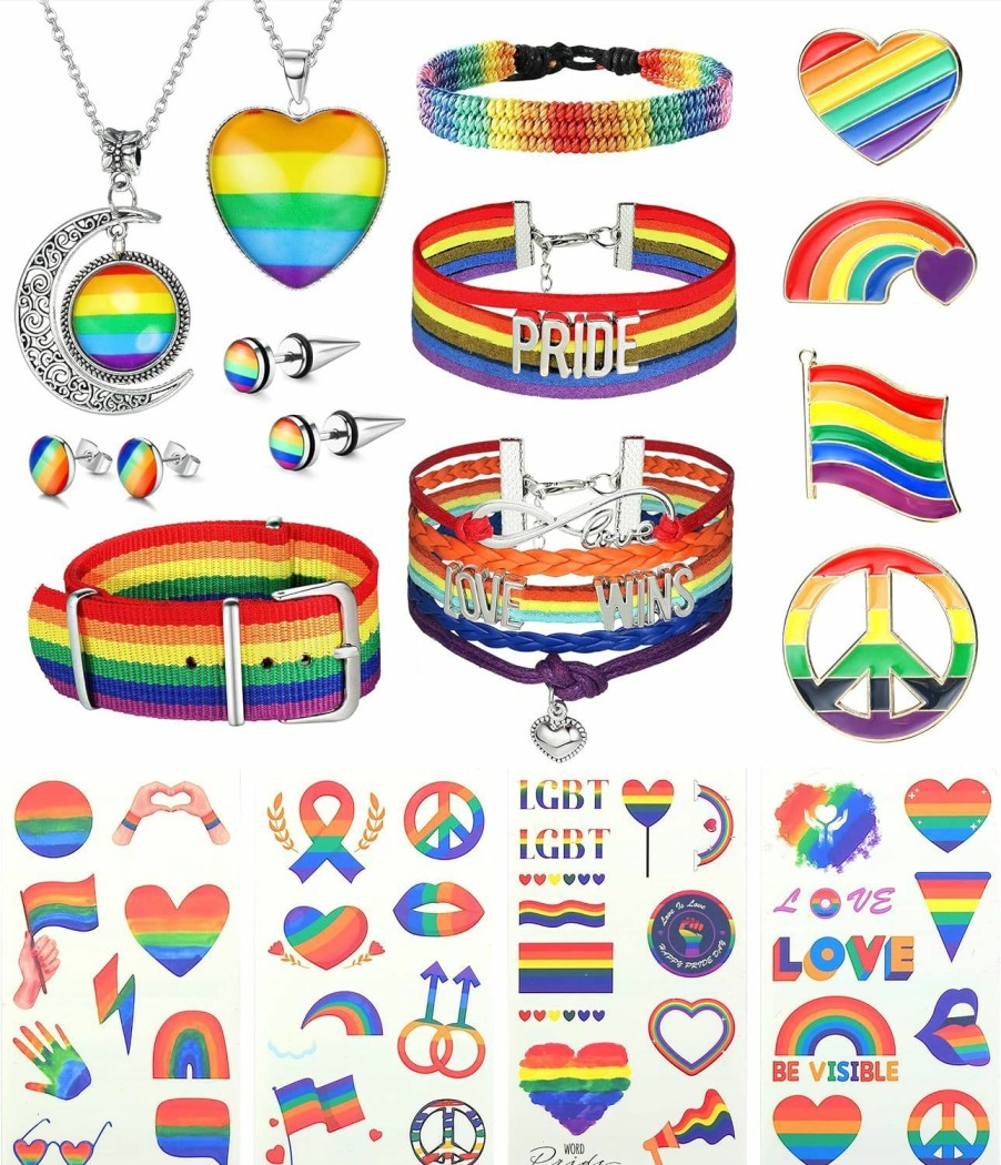 YADOCA Yadoca 16 Pcs Lgbtq Accessories Gay Pride Necklaces Bracelets Brooch Earrings Set For Women Men Rainbow Lesbian Biual Gay Pride Stuff Lgbt Stickers Jewelry Sets