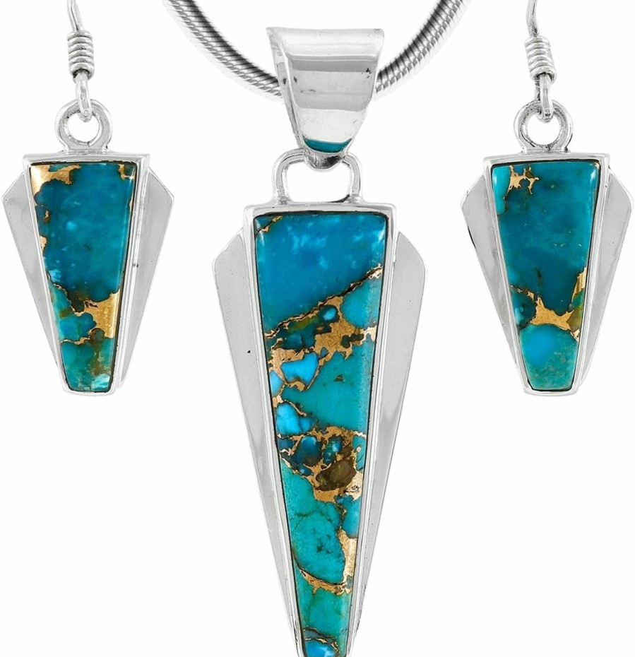 Turquoise Network Turquoise Network 925 Sterling Silver Matching Pendant & Earrings Set Genuine Gemstones 20" Necklace Jewelry Sets