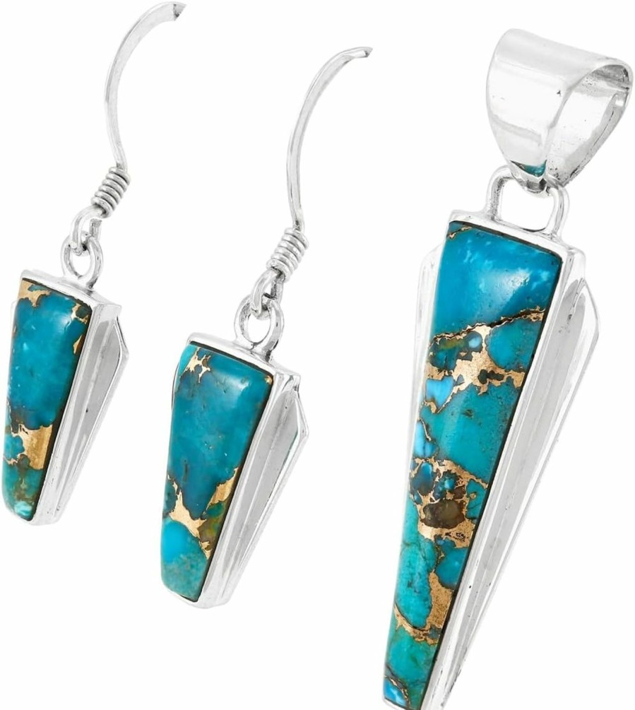 Turquoise Network Turquoise Network 925 Sterling Silver Matching Pendant & Earrings Set Genuine Gemstones 20" Necklace Jewelry Sets