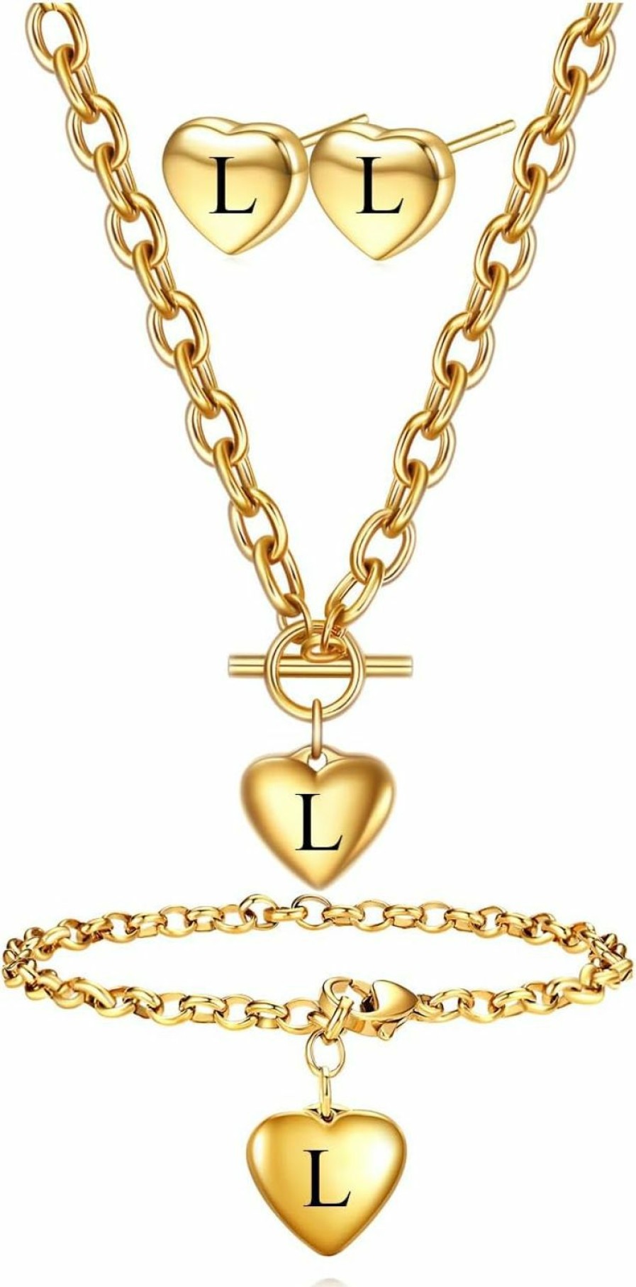 LXBQYSTO Women'S 3 Pieces Heart Name Necklace, Bracelet, Earrings, Jewelry Set Stainless Steel A-Z Letters Jewelry Suits Jewelry Sets