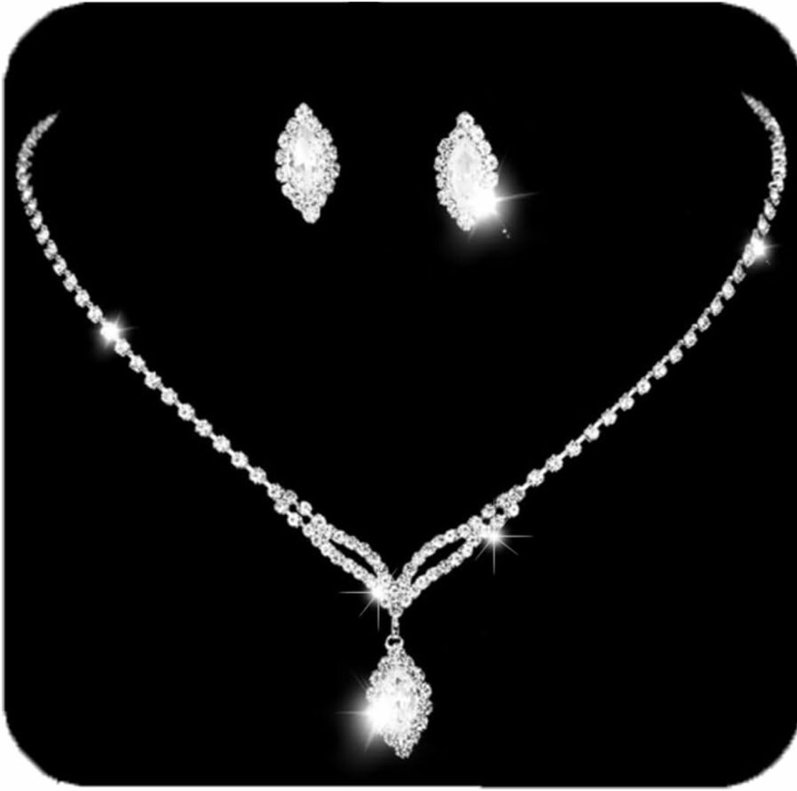 Unicra Unicra Silver Bride Necklace Earrings Set Rhinestone Bridal Wedding Jewelry Sets Prom Costume Jewelry Set Crystal Choker Necklace For Women And Girls Jewelry Sets