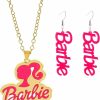 Minggo Minggo Pink Ba-Bie Earrings Necklace Set, Cute Ins Fashion Hot Pink Earrings Necklace Jewelry Gift Sets For Women Girls Jewelry Sets