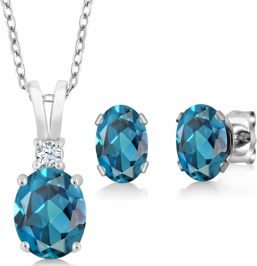 Gem Stone King Gem Stone King 925 Sterling Silver London Blue Topaz Pendant And Earrings Jewelry Set For Women (3.15 Cttw, Gemstone Birthstone, With 18 Inch Silver Chain) Jewelry Sets