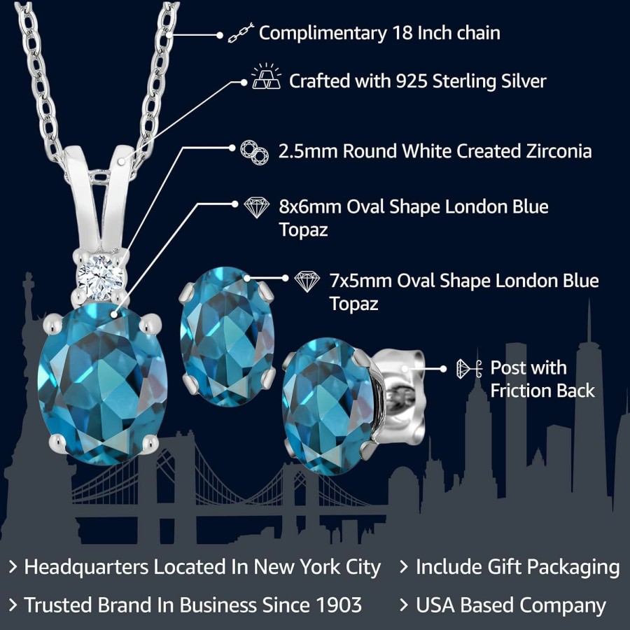 Gem Stone King Gem Stone King 925 Sterling Silver London Blue Topaz Pendant And Earrings Jewelry Set For Women (3.15 Cttw, Gemstone Birthstone, With 18 Inch Silver Chain) Jewelry Sets