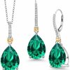 Gem Stone King Gem Stone King 925 Sterling Silver And 10K Yellow Gold Green Nano Emerald And White Moissanite Pendant Earrings Set For Women (25.01 Cttw, Pear Shape 16X12Mm, With 18 Inch Chain) Jewelry Sets