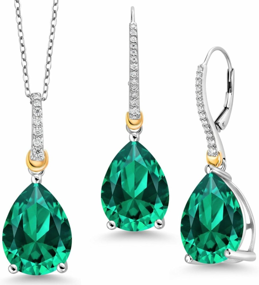 Gem Stone King Gem Stone King 925 Sterling Silver And 10K Yellow Gold Green Nano Emerald And White Moissanite Pendant Earrings Set For Women (25.01 Cttw, Pear Shape 16X12Mm, With 18 Inch Chain) Jewelry Sets