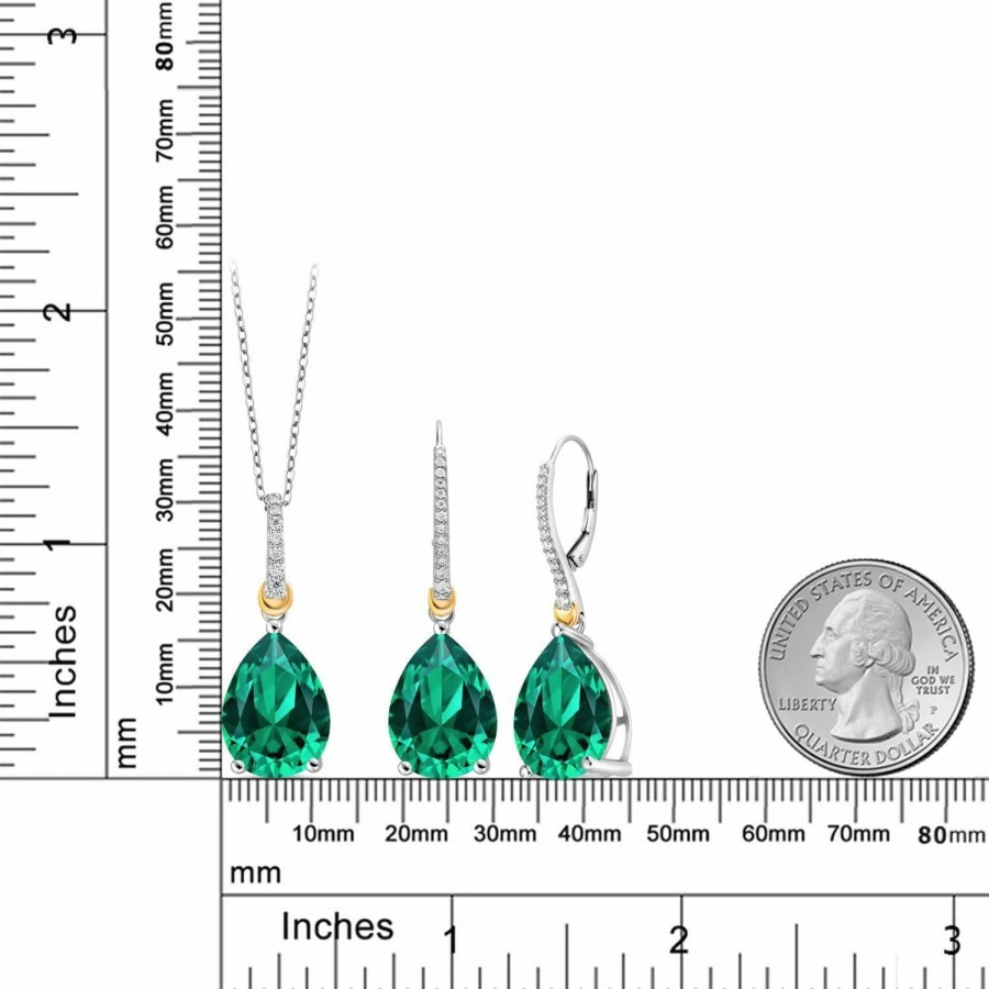 Gem Stone King Gem Stone King 925 Sterling Silver And 10K Yellow Gold Green Nano Emerald And White Moissanite Pendant Earrings Set For Women (25.01 Cttw, Pear Shape 16X12Mm, With 18 Inch Chain) Jewelry Sets