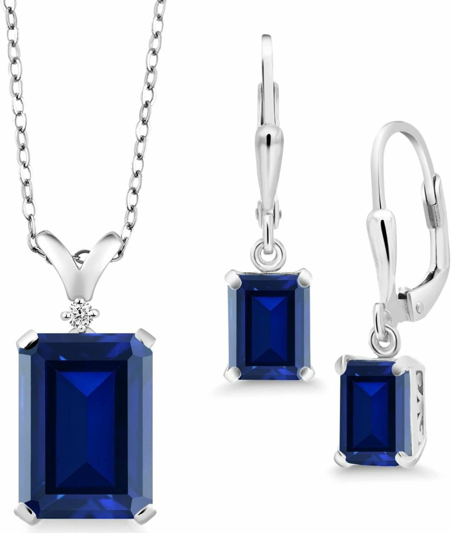 Gem Stone King Gem Stone King 925 Sterling Silver Blue Created Sapphire Pendant And Earrings Jewelry Set For Women (13.02 Cttw, With 18 Inch Silver Chain) Jewelry Sets