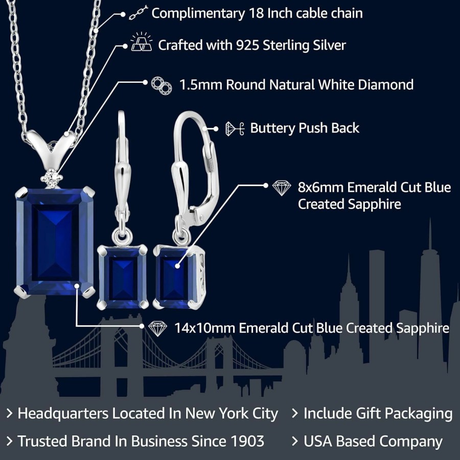 Gem Stone King Gem Stone King 925 Sterling Silver Blue Created Sapphire Pendant And Earrings Jewelry Set For Women (13.02 Cttw, With 18 Inch Silver Chain) Jewelry Sets