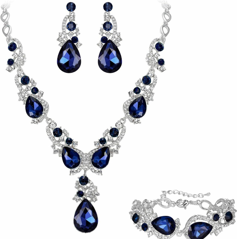 BriLove Brilove Wedding Bridal Jewelry For Women Multi Teardrop Cluster Crystal Statement Necklace Dangle Earrings Link Bracelet Set Jewelry Sets