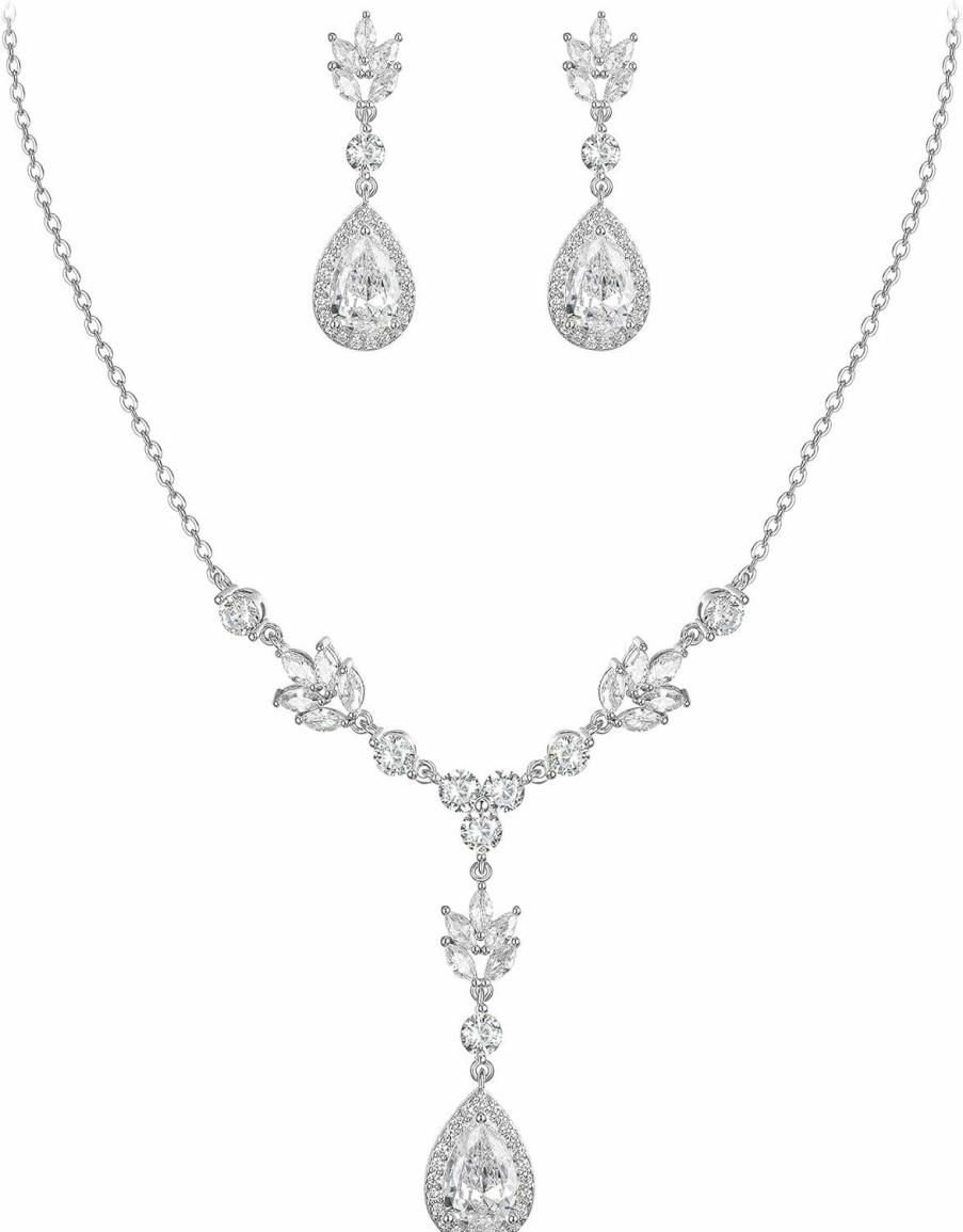 EleQueen Elequeen Women'S Wedding Bridal Jewelry Set For Brides Bridesmaids, Elegant Leaf Vine Cubic Zirconia Teardrop Necklace Earrings Bracelet Sets For Party Prom Jewelry Sets