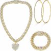 ORAZIO Orazio Cuban Link Chain Jewelry Set Cuban Chain Necklace Cuban Link Bracelet Rhinestone Hoop Earrings Gold/Silver Iced Out Chain Heart Cz Clear Cuban Link Chain Big Circle Earrings Hip Hop Cuban Link Chain For Women Jewelry Sets