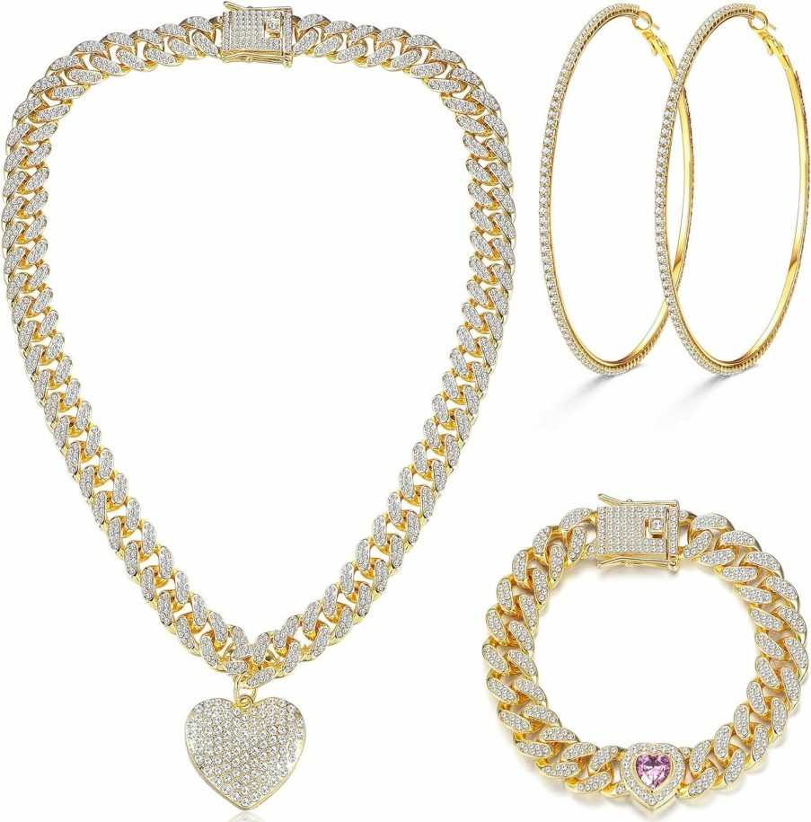 ORAZIO Orazio Cuban Link Chain Jewelry Set Cuban Chain Necklace Cuban Link Bracelet Rhinestone Hoop Earrings Gold/Silver Iced Out Chain Heart Cz Clear Cuban Link Chain Big Circle Earrings Hip Hop Cuban Link Chain For Women Jewelry Sets