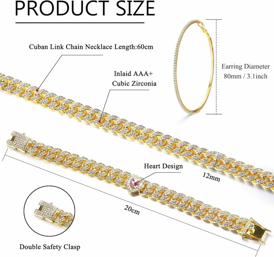 ORAZIO Orazio Cuban Link Chain Jewelry Set Cuban Chain Necklace Cuban Link Bracelet Rhinestone Hoop Earrings Gold/Silver Iced Out Chain Heart Cz Clear Cuban Link Chain Big Circle Earrings Hip Hop Cuban Link Chain For Women Jewelry Sets