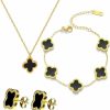 NCCEN Nccen Clover Jewelry Set 18K Gold Plated (Black) Lucky Clover Bracelet,Lucky Clover Earrings,Lucky Clover Necklace,Cute Jewelry Gifts For Women Teen Girls Jewelry Sets