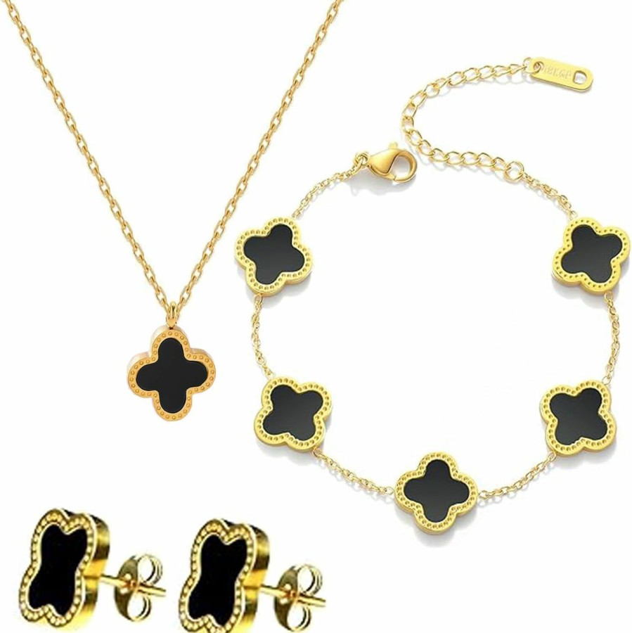 NCCEN Nccen Clover Jewelry Set 18K Gold Plated (Black) Lucky Clover Bracelet,Lucky Clover Earrings,Lucky Clover Necklace,Cute Jewelry Gifts For Women Teen Girls Jewelry Sets